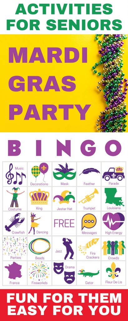 Mardi Gras party games perfect for any group! Get 50 printable game cards now - a perfect holiday theme for your Mardi Gras party for kids or Mardi Gras Day party for seniors or your work office party. With words and pictures and instructions, these game cards are a perfect Mardi Gras party idea! Also loved printable entertainment for school, preschool, for work, for teens, for seniors, nursing home, office, for kids. Everyone loves this modern twist on a classic favorite game!